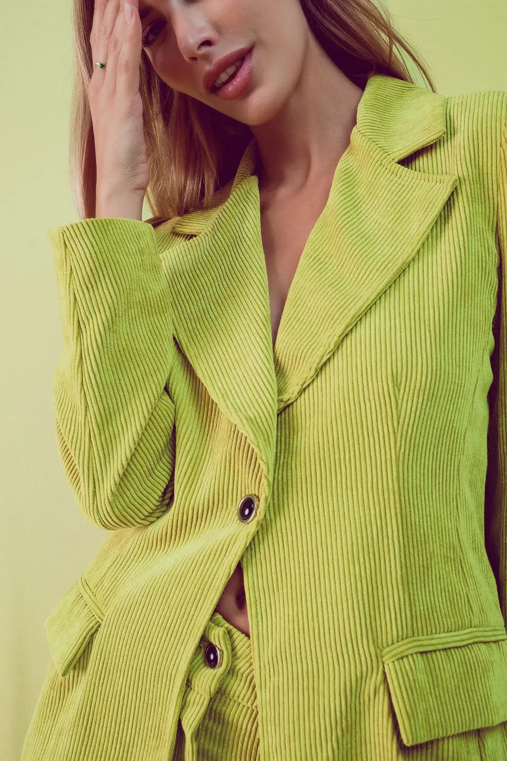 Q2 Blazer with vintage buttons in lime cord