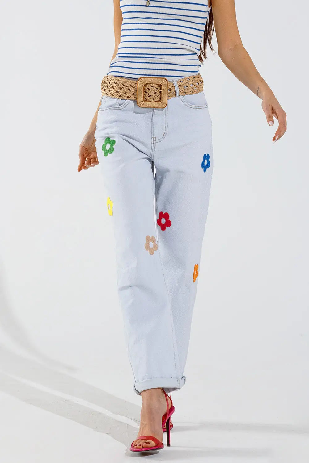 Bleached Relaxed Jeans With Multicolor Floral Design - Jeans