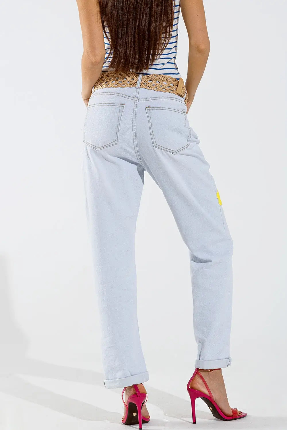 Bleached Relaxed Jeans With Multicolor Floral Design - Jeans