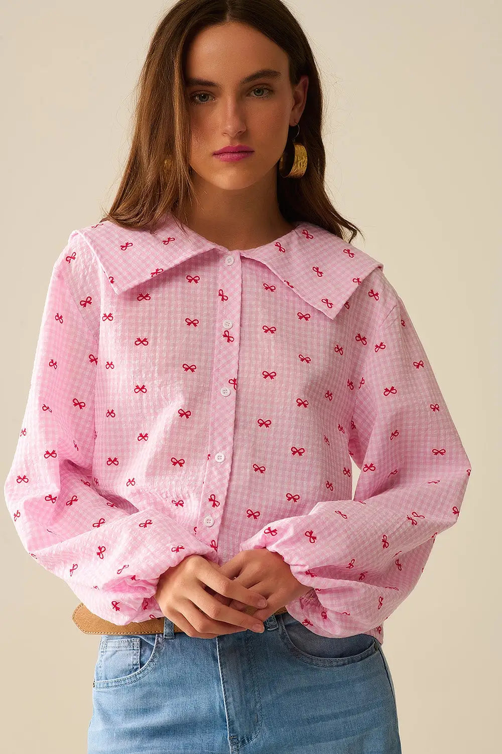 Blouse à col Claudine en vichy rose avec imprimé nœuds - Tee-Shirt