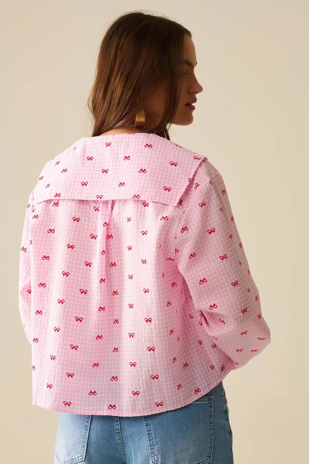 Blouse à col Claudine en vichy rose avec imprimé nœuds - Tee-Shirt