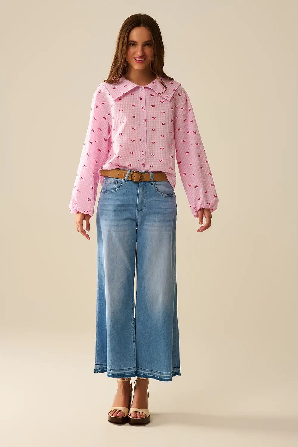 Blouse à col Claudine en vichy rose avec imprimé nœuds - Tee-Shirt