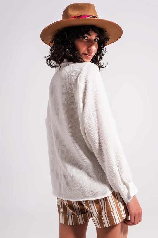 Blouse à col en V et finitions dentelle Crème - Tee-Shirt