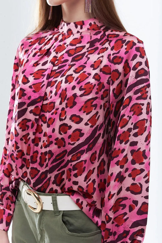 Blouse à Manches Longues Imprimé Léopard Fuchsia Tendance - Tee-Shirt