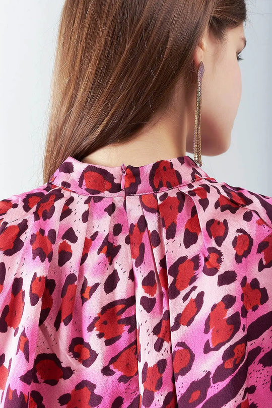 Blouse à Manches Longues Imprimé Léopard Fuchsia Tendance - Tee-Shirt