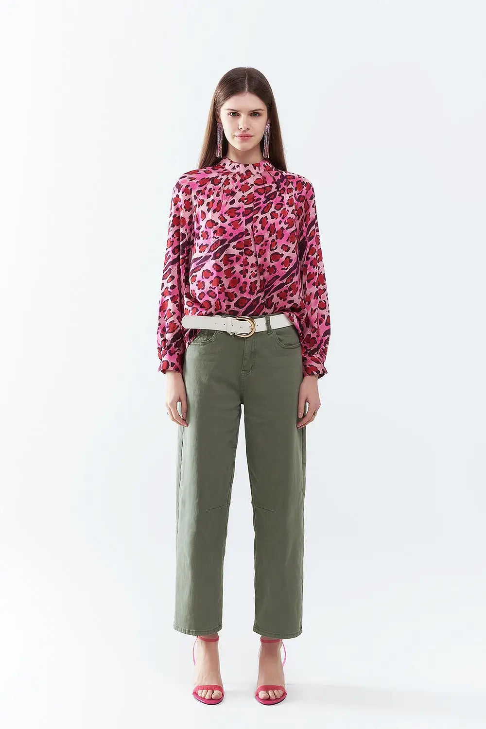 Blouse à Manches Longues Imprimé Léopard Fuchsia Tendance - Tee-Shirt