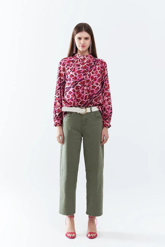 Blouse à Manches Longues Imprimé Léopard Fuchsia Tendance - Tee-Shirt
