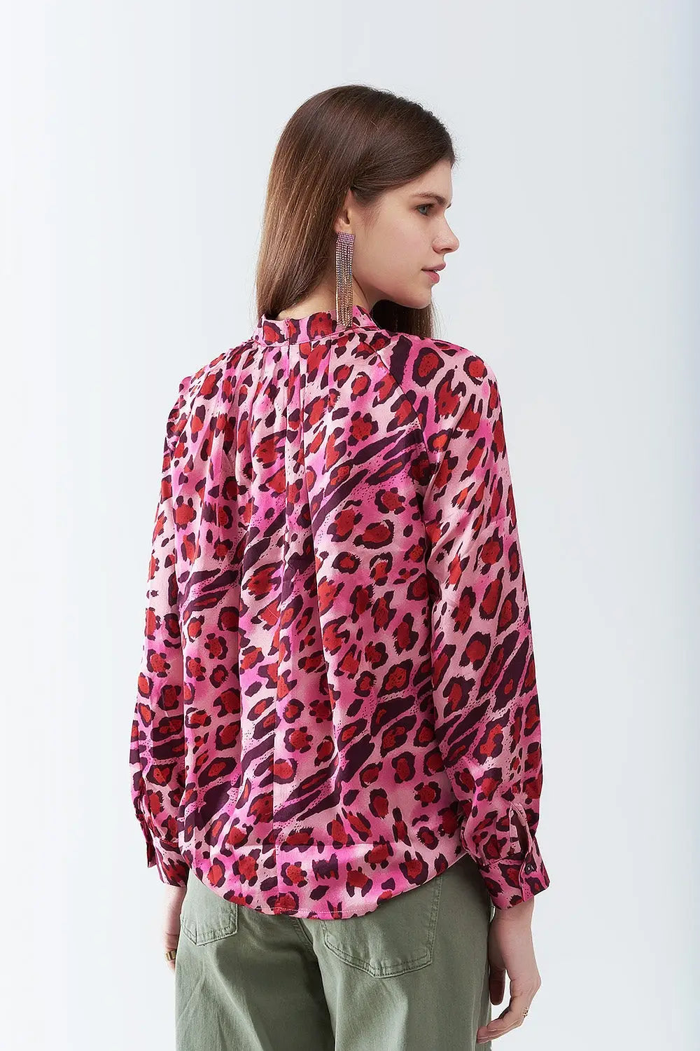 Blouse à Manches Longues Imprimé Léopard Fuchsia Tendance - Tee-Shirt