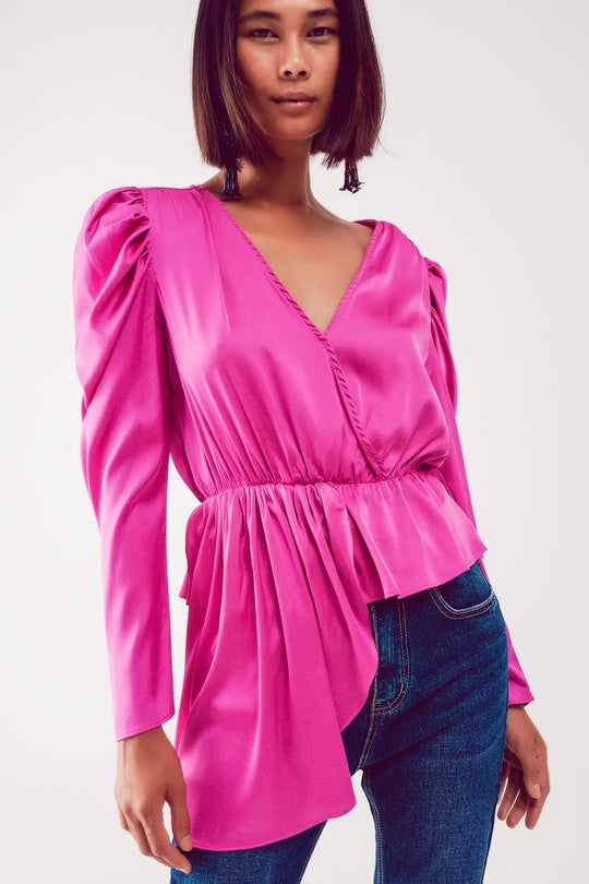 Blouse asymétrique à manches bouffantes en fuchsia - Tee-Shirt