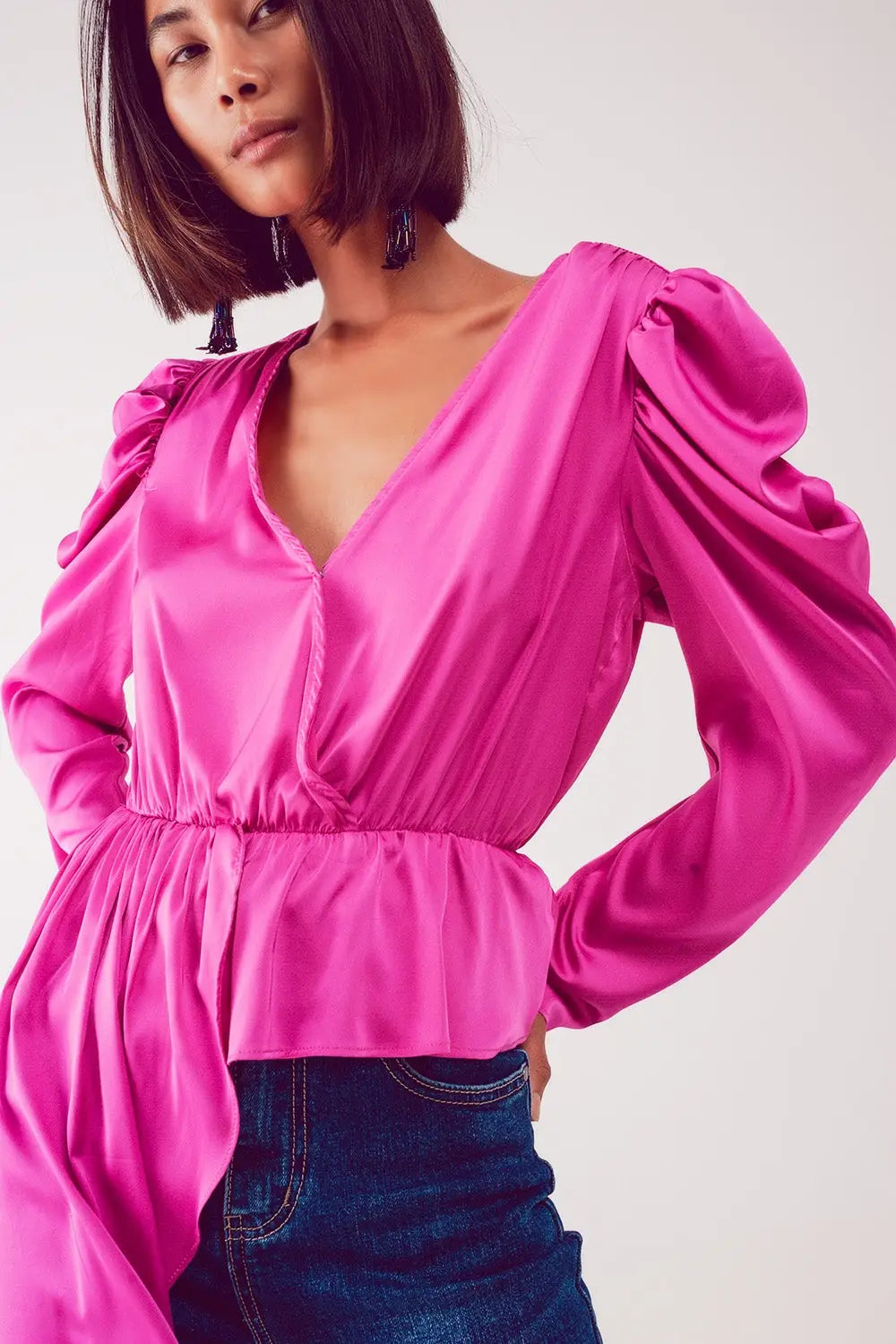 Blouse asymétrique à manches bouffantes en fuchsia - Tee-Shirt