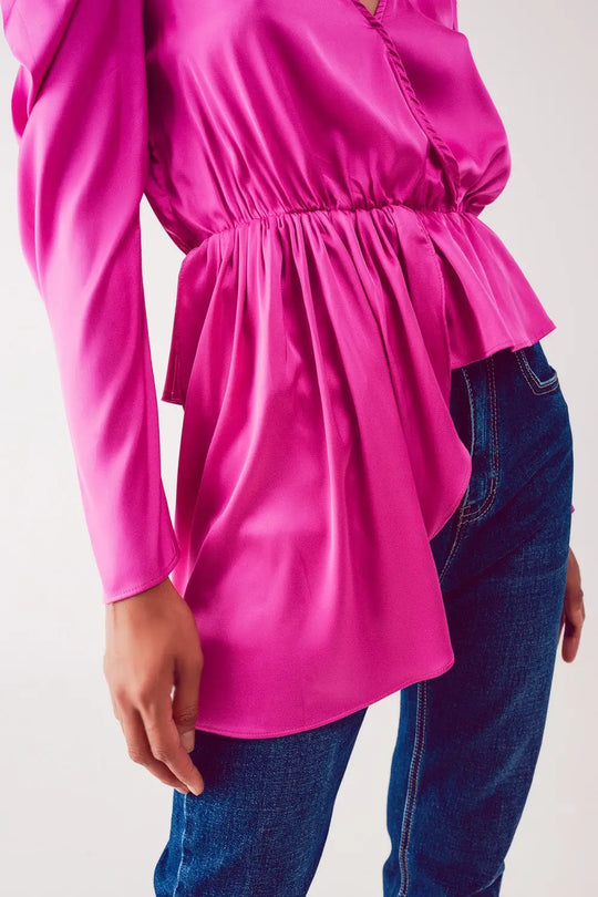 Blouse asymétrique à manches bouffantes en fuchsia - Tee-Shirt