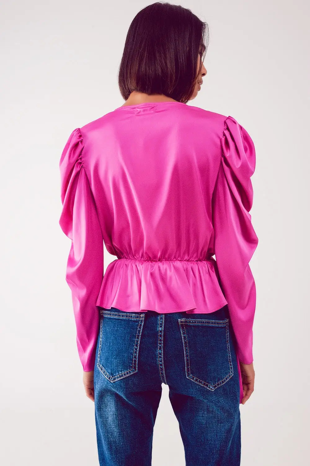 Blouse asymétrique à manches bouffantes en fuchsia - Tee-Shirt
