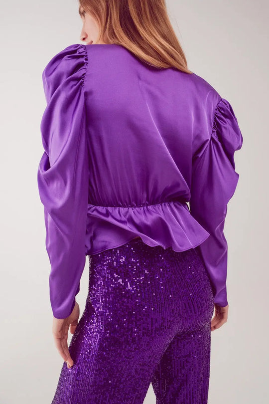 Blouse asymétrique à manches bouffantes en pourpre - Tee-Shirt