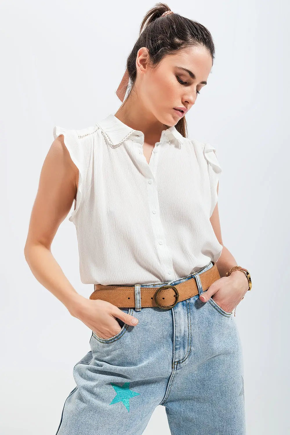 Blouse avec manches volantées blanc - Tee-Shirt