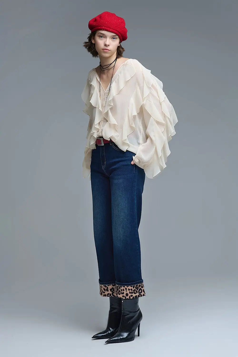Blouse beige à col V et volants sur l’ensemble du corps - Tops
