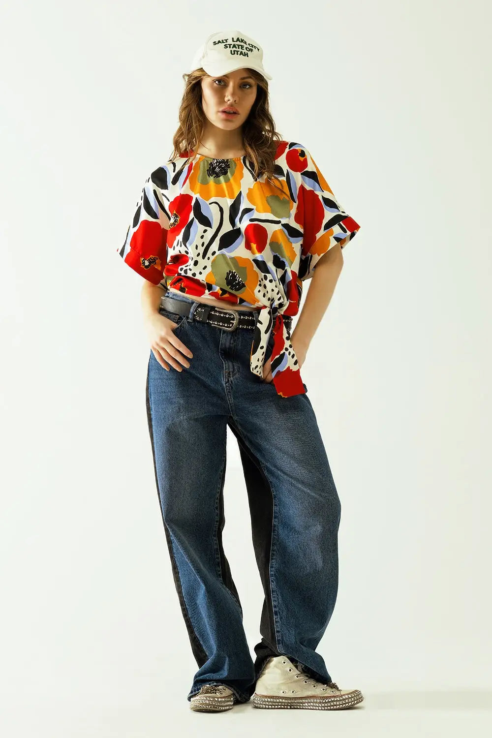 blouse blanche Relaxed à motifs de coquelicots et manches courtes - Tops