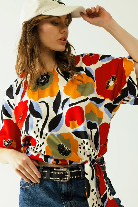 blouse blanche Relaxed à motifs de coquelicots et manches courtes - Tops