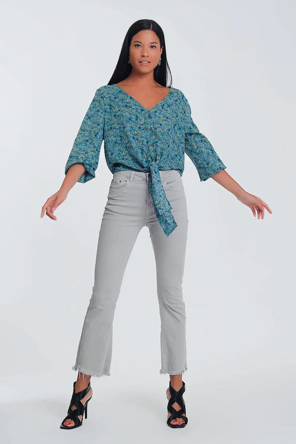 Blouse col V à manches longues boutons et imprimé fleuri vert - Tee-Shirt