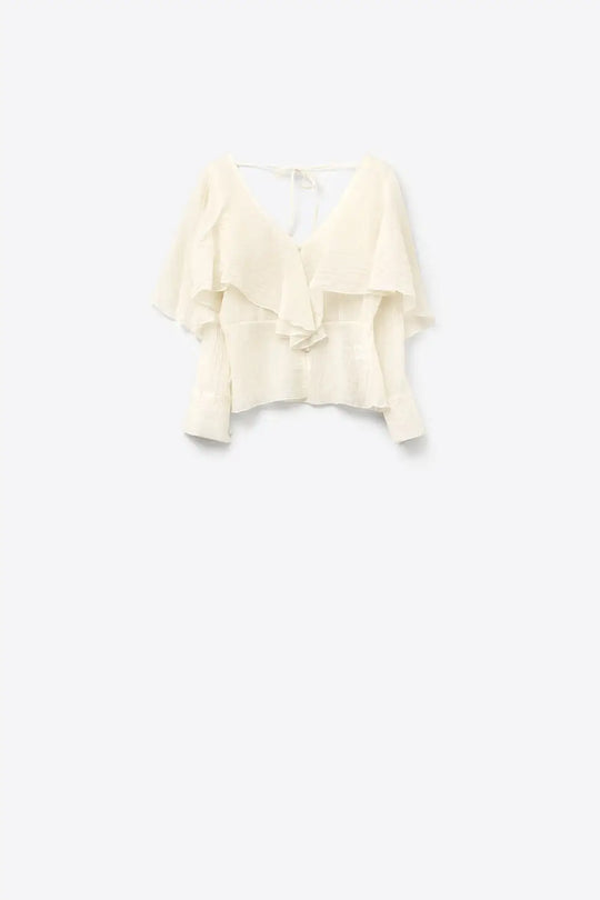 Q2 blouse courte en mousseline de soie fluide à manches longues