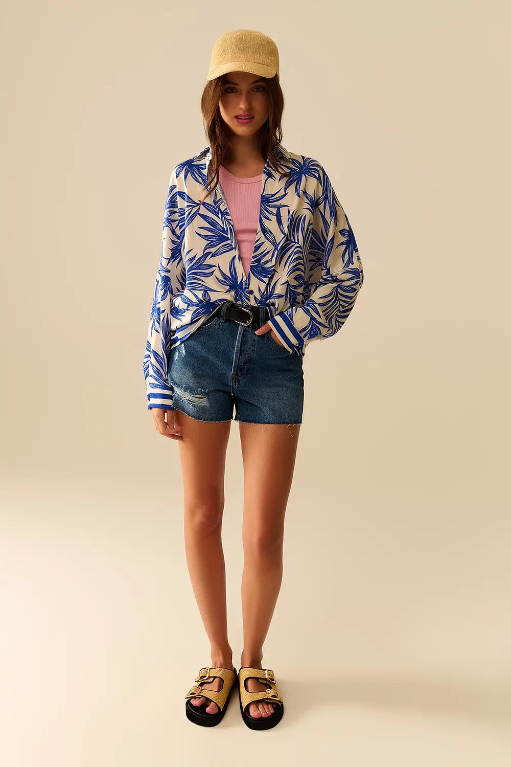 Blouse Décontractée à Motif Tropical en Bleu et Blanc - Vestidos
