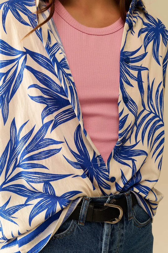 Blouse Décontractée à Motif Tropical en Bleu et Blanc - Vestidos