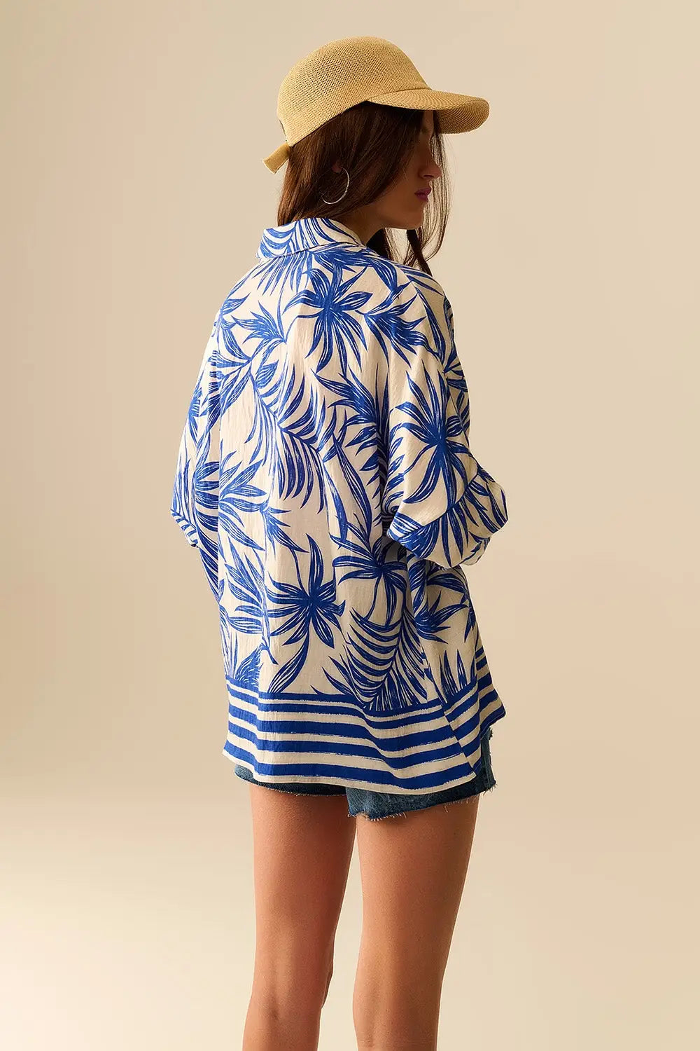 Blouse Décontractée à Motif Tropical en Bleu et Blanc - Vestidos