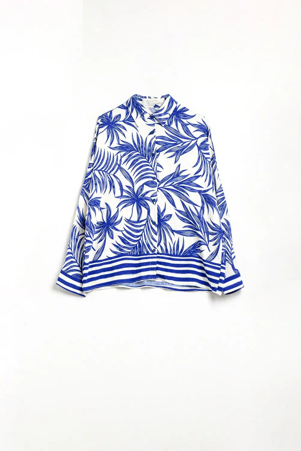 Blouse Décontractée à Motif Tropical en Bleu et Blanc - Vestidos