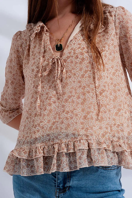 Blouse en mousseline avec lien sur le devant Imprimé à petites fleurs beige - Tee-Shirt