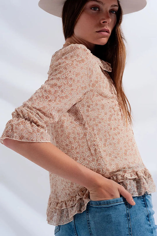 Blouse en mousseline avec lien sur le devant Imprimé à petites fleurs beige - Tee-Shirt