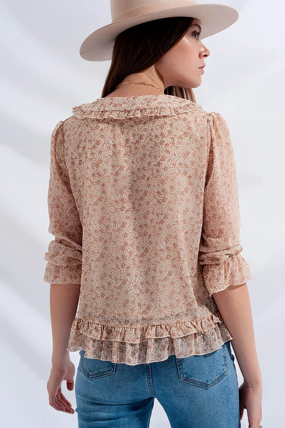 Blouse en mousseline avec lien sur le devant Imprimé à petites fleurs beige - Tee-Shirt