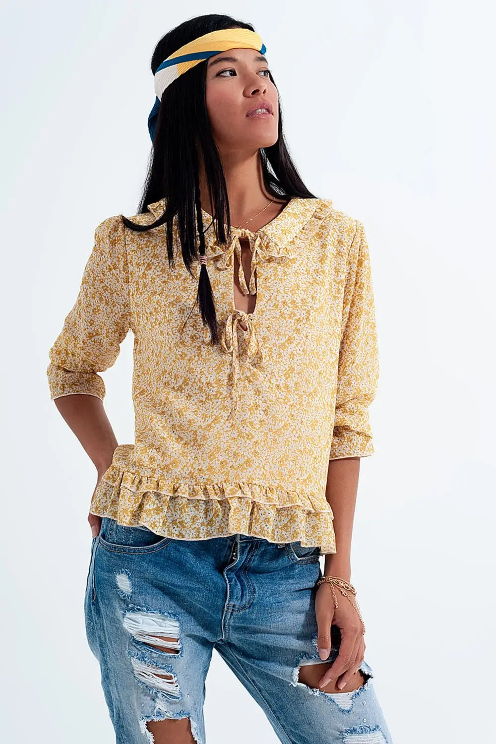 Blouse en mousseline avec lien sur le devant Imprimé à petites fleurs jaune - Tee-Shirt