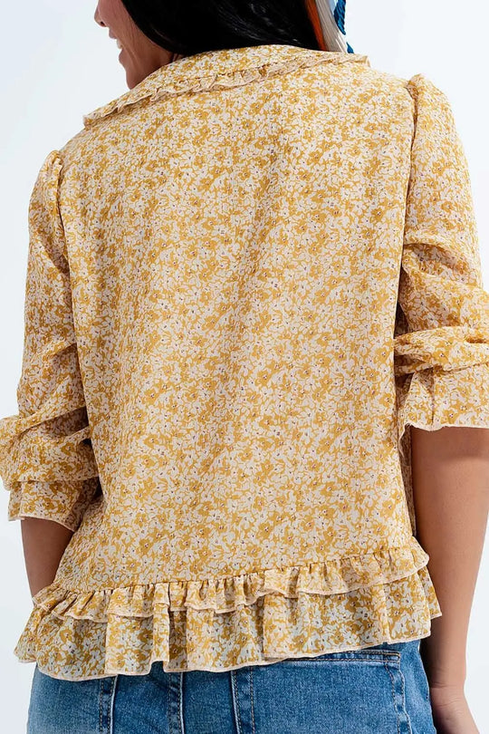 Blouse en mousseline avec lien sur le devant Imprimé à petites fleurs jaune - Tee-Shirt