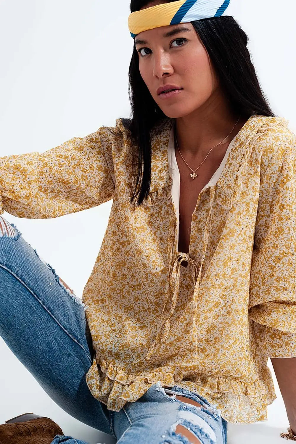 Blouse en mousseline avec lien sur le devant Imprimé à petites fleurs jaune - Tee-Shirt