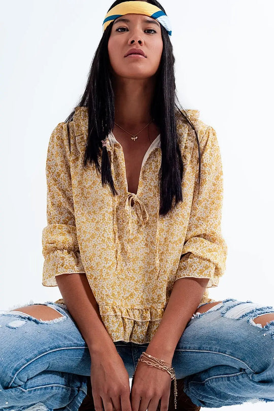 Blouse en mousseline avec lien sur le devant Imprimé à petites fleurs jaune - Tee-Shirt