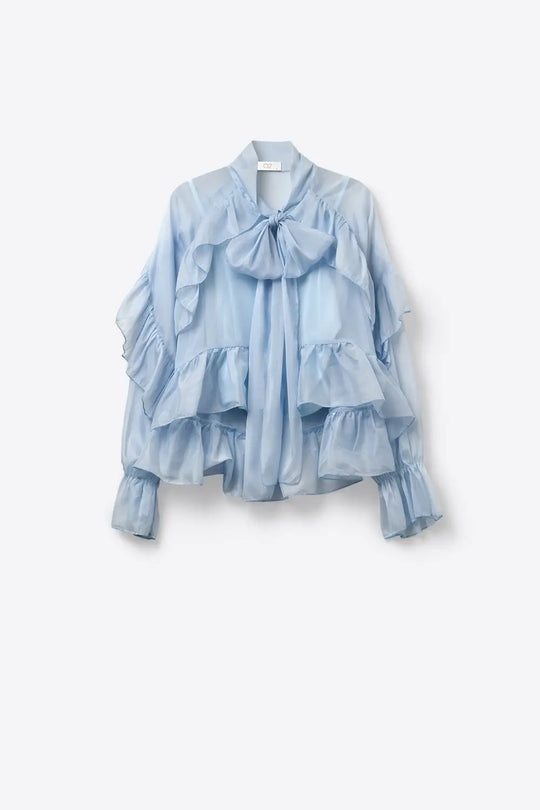 Blouse en mousseline de soie à volants bleu clair en tissu de chiffon - Tee-Shirt