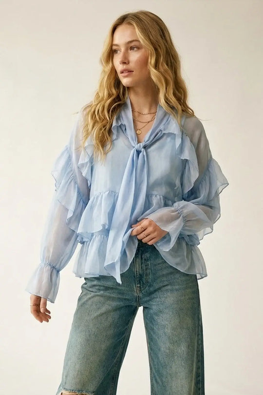 Q2 Blouse en mousseline de soie à volants bleu clair en tissu de chiffon