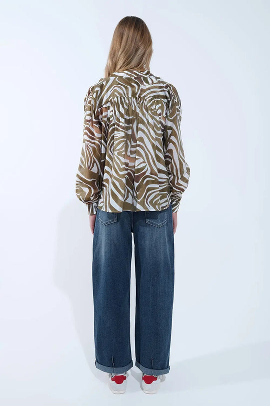blouse en mousseline de soie fluide à imprimé zébré kaki - Tee-Shirt
