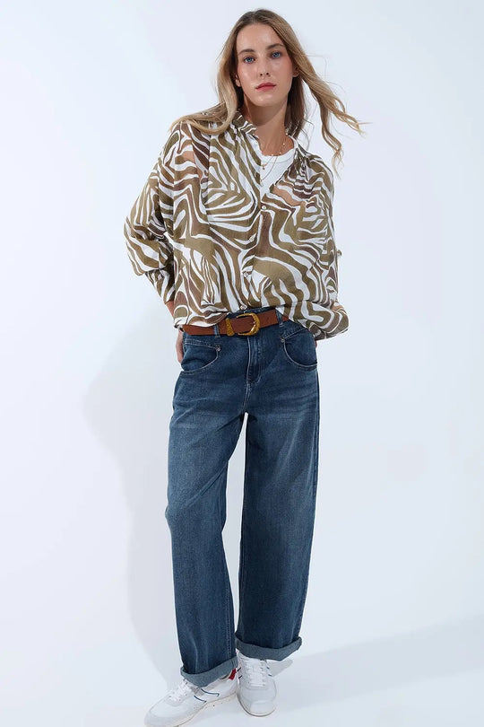 blouse en mousseline de soie fluide à imprimé zébré kaki - Tee-Shirt