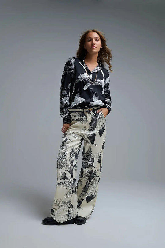 Blouse en satin noir à imprimé abstrait - Tee-Shirt