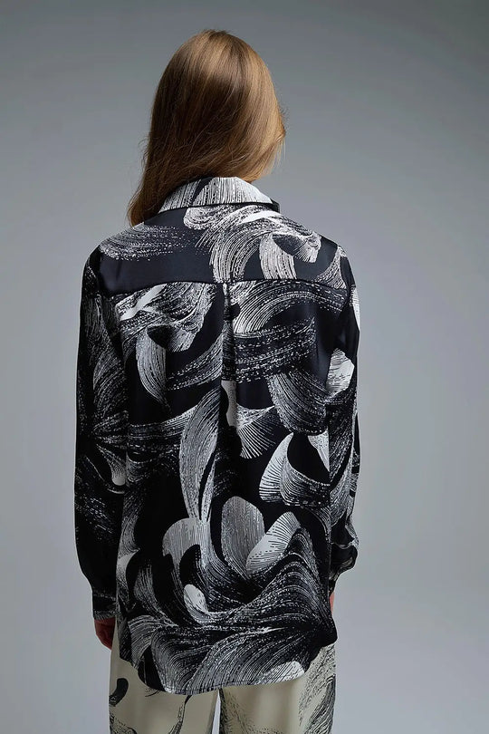 Blouse en satin noir à imprimé abstrait - Tee-Shirt