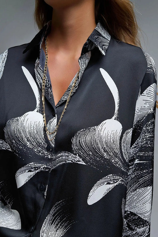 Blouse en satin noir à imprimé abstrait - Tee-Shirt