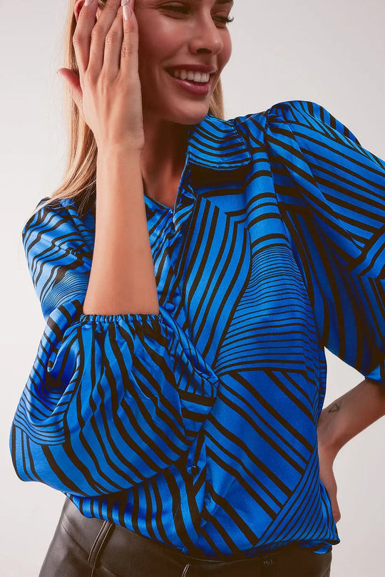 Blouse imprimée à manches bouffantes bleu - Tee-Shirt