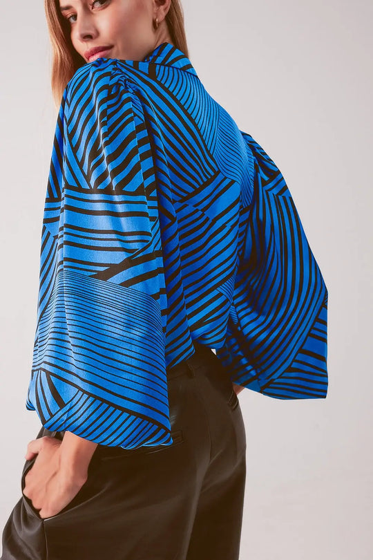 Blouse imprimée à manches bouffantes bleu - Tee-Shirt