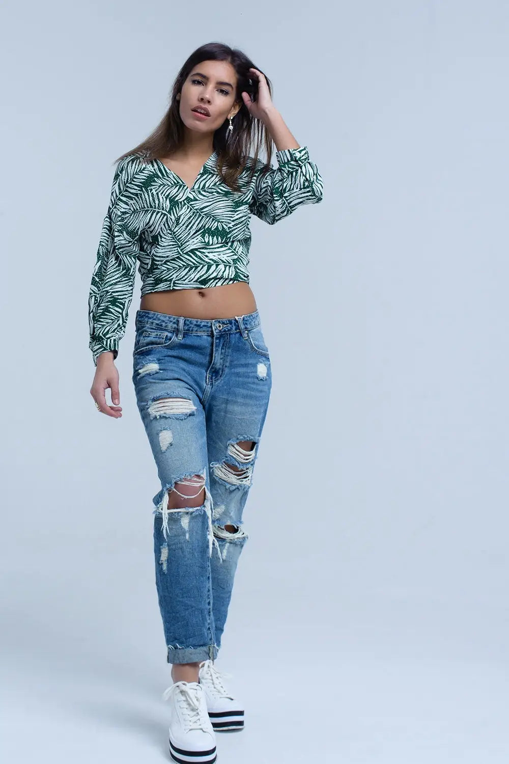 Blouse imprimée feuille verte avec col plongeant - Tee-Shirt