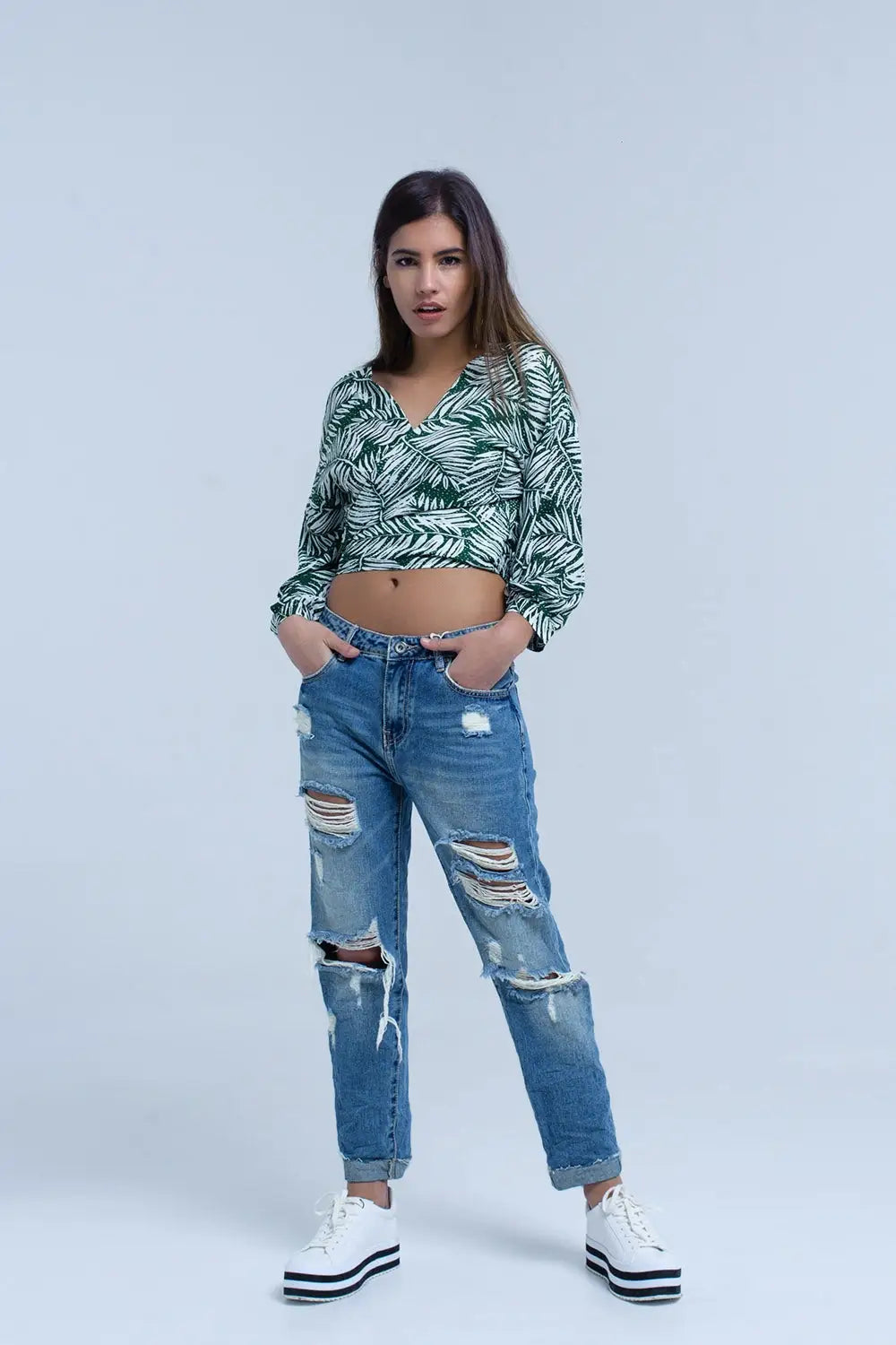 Blouse imprimée feuille verte avec col plongeant - Tee-Shirt