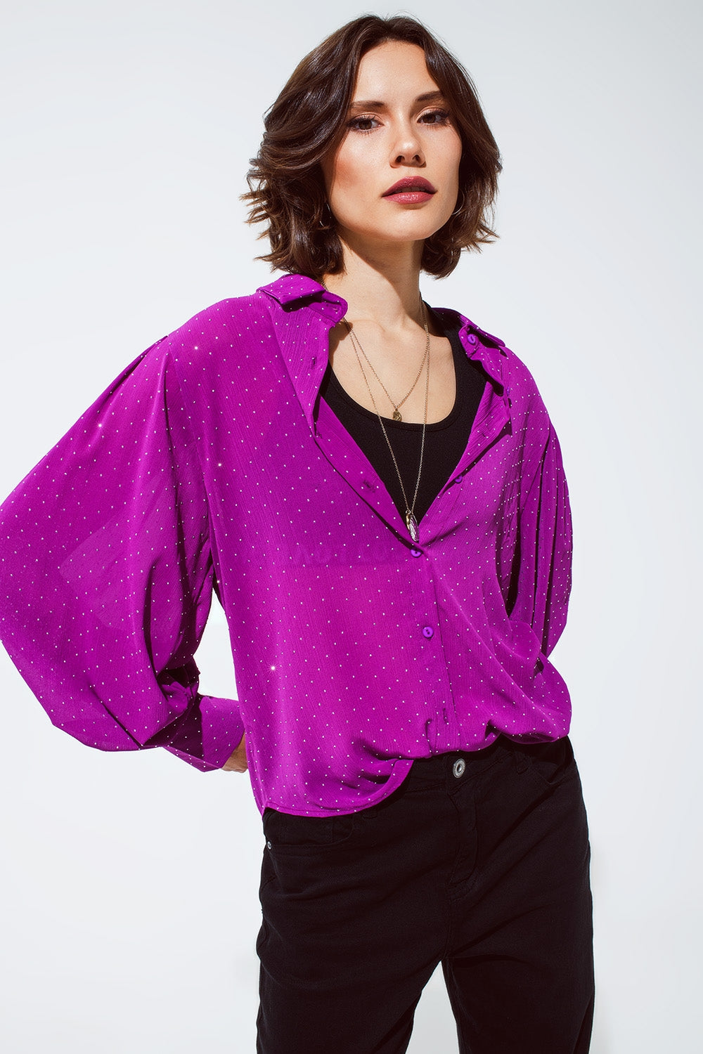 Blouse in magenta with strass detail