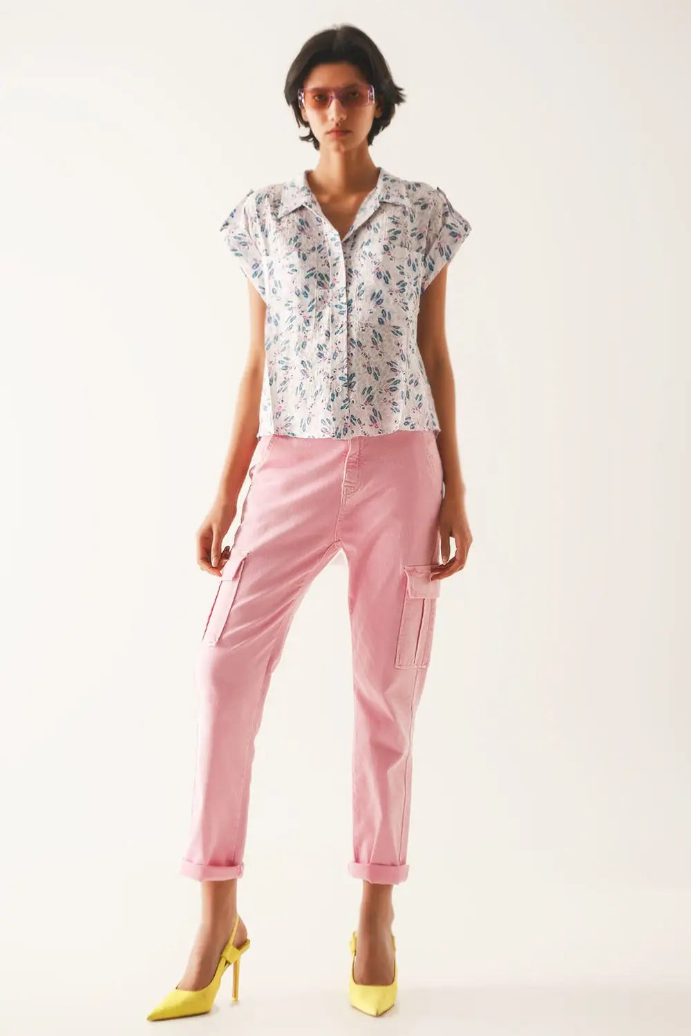 Blouse mauve avec poches et imprimé floral - Tee-Shirt