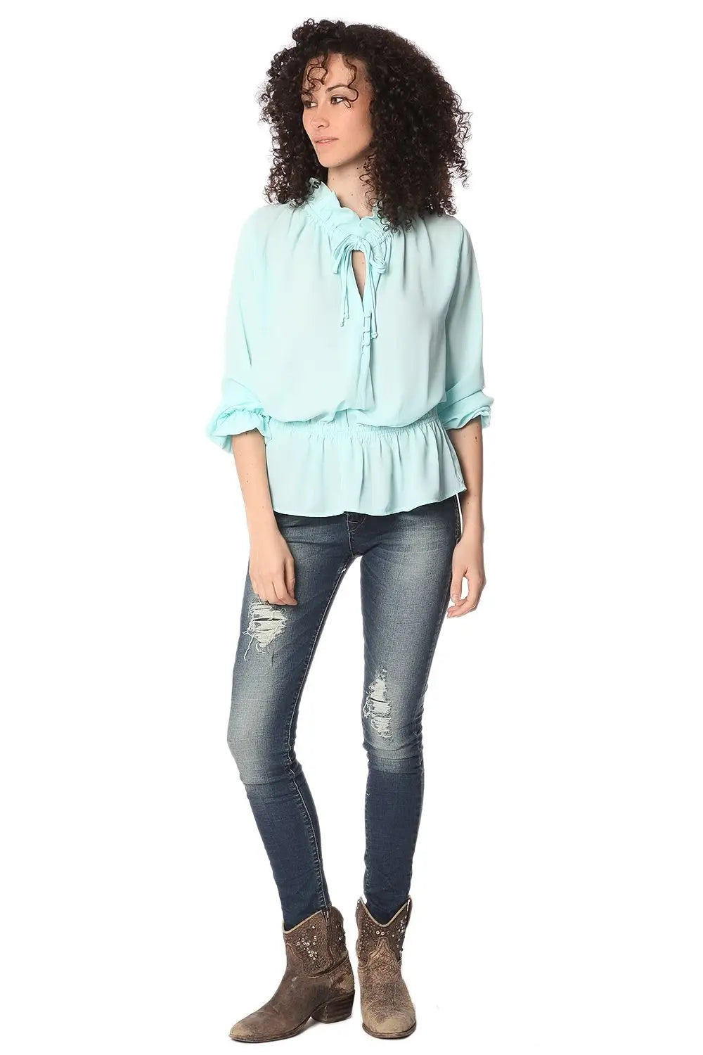 Blouse turquoise avec col volanté et lien à nouer - Tee-Shirt