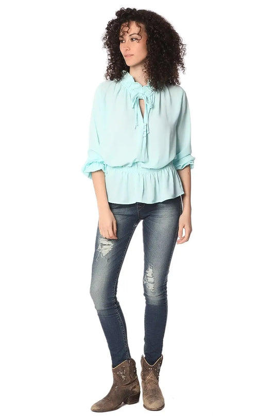 Blouse turquoise avec col volanté et lien à nouer - Tee-Shirt