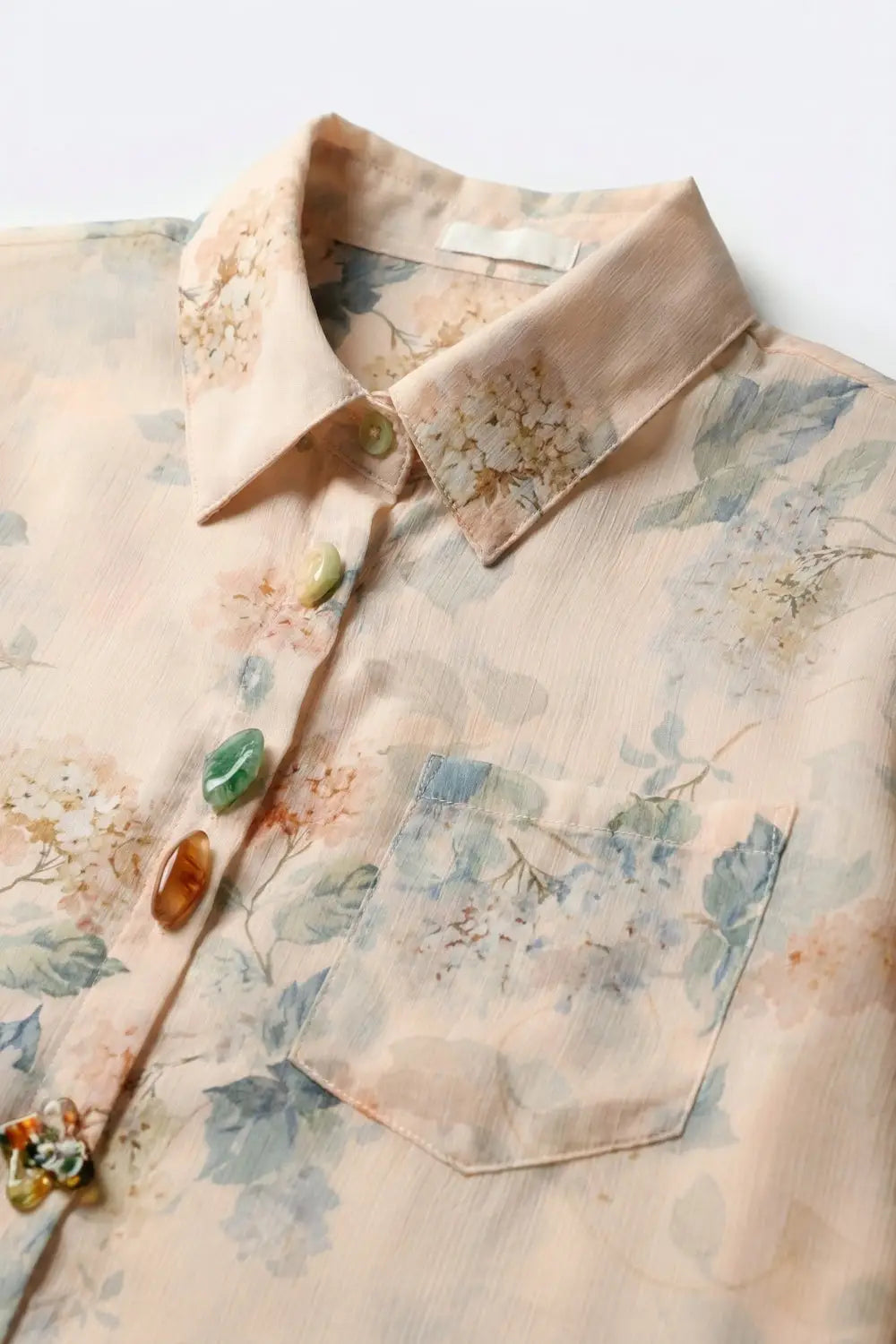 Blouse transparente boutonnée à imprimé floral beige - Tee-Shirt